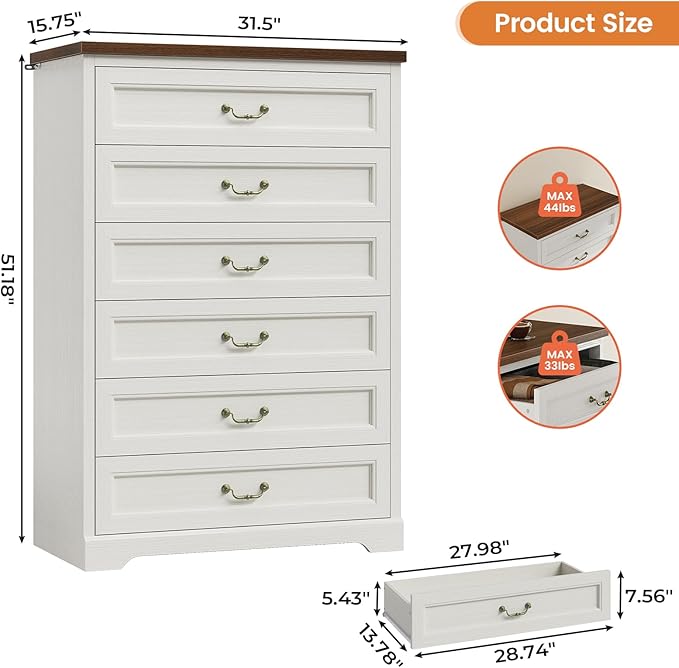 DICTAC Farmhouse 6 Drawers Dresser for Bedroom,51.2" Tall Rustic Wood Chest of Drawers,Large Storage Chest with Vintage Metal Handles, White Dresser for Bedroom,Closet,Hallway,White