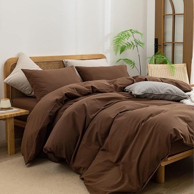 BESTOUCH Duvet Cover Set 100% Washed Cotton Linen Feel Super Soft Comfortable Chic Lightweight 3 PCs Home Bedding Set Solid Cocoa Brown Full/Double