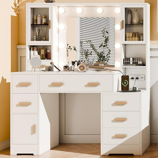 DYHOME Makeup Vanity Desk with Mirror and Lights & Charging Station, White Vanity Desk with 3 LED Light Modes, Make up Vanity Table with 7 Drawers & 3 Cabinets for Bedroom
