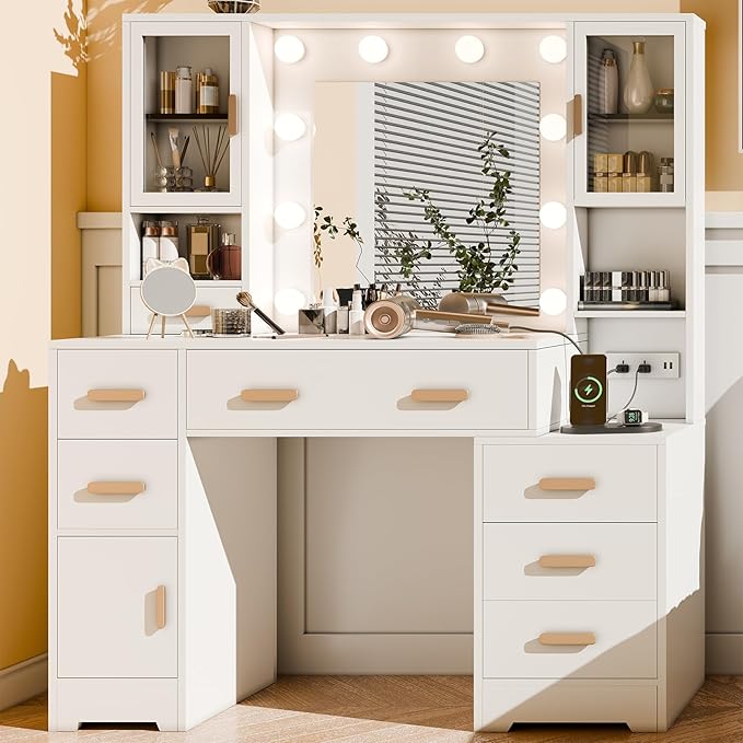 48.8" Makeup Vanity, Large Vanity Desk with Mirror and Lights, Makeup Desk with Charging Station, Vanity Dresser with 7 Drawers for Bedroom Dressing Room, for Women, Girls, Teens, White