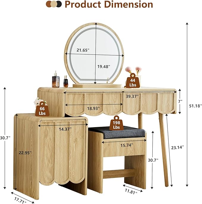 ORRD Vanity Desk with Mirror and Lights, Modern Wood Wave Panel Vanity Desk Set Makeup Table with Drawers and Cabinet, Dressing Table with Storage for Bedroom, Natural