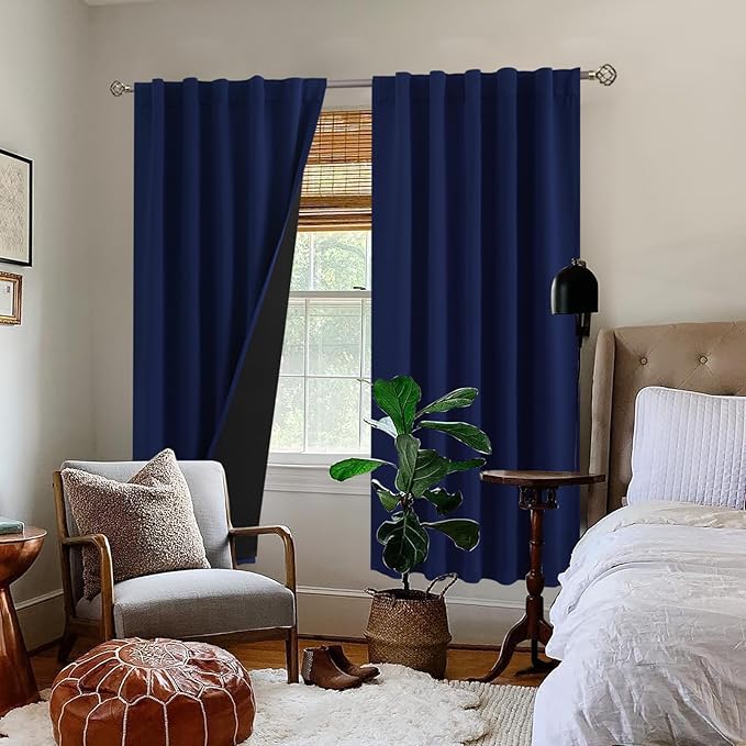 BGment Navy Blue 100% Blackout Curtains 72 Inches Long with Reducing Noise Liner, Rod Pocket and Back Tab Double Layer Full Room Darkening Window Curtain for Bedroom, 2 Panels, Each 42 x 72 Inch