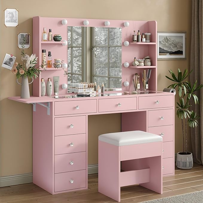 Vanity Desk with Power Outlet, Makeup Table with Mirror and 12 LED Lights, 3 Color Lighting Modes, 11 Drawers Makeup Vanity with 4 Shelves, Fold-up Panel, Vanity Set for Bedroom, Pink