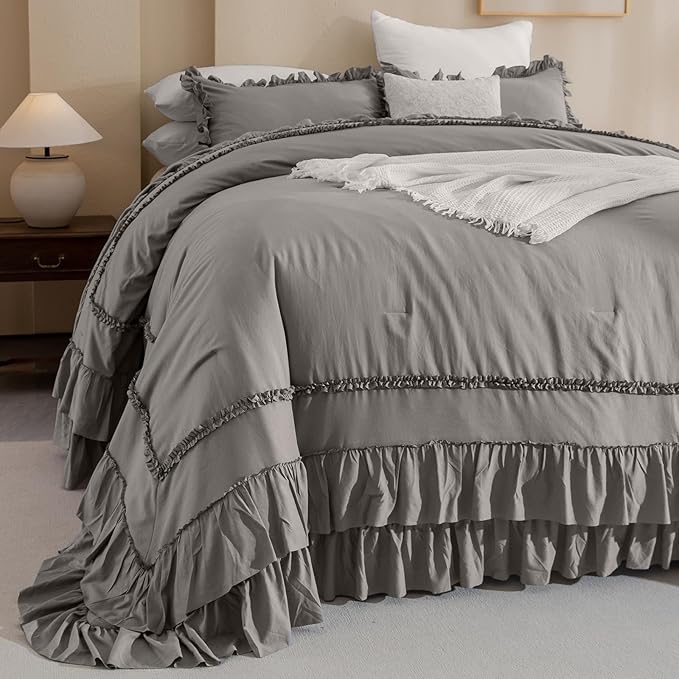 QSH Grey Oversized California King Ruffled Bed Comforter Set 128x120, Farmhouse Vintage Chic Comforter Set Gray French Country Bedding Comforter Soft Microfiber Fluffy Bedding 3 PCs