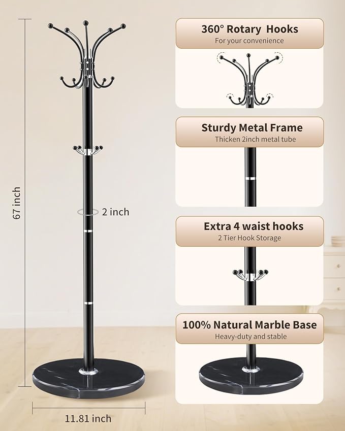 Metal Coat Rack with Natural Marble Base,360°Rotary Coat Rack Stand with 14 Hooks,Modern Freestanging Coat Racks for Entryway,Office,Black Coat Jacket Hanger Tree Stand for Coats, Scarves