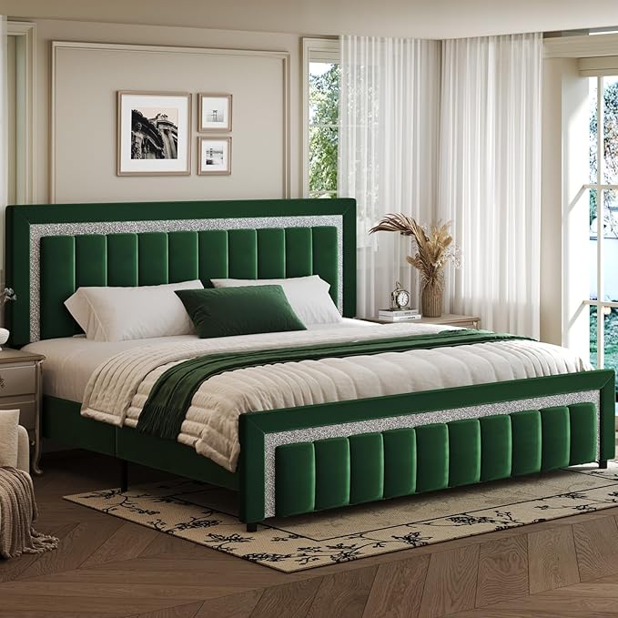 HOMBCK King Size Bed Frame with Diamond Headboard and Footboard, Velvet Upholstered Platform Bed with Wooden Slats, No Box Spring Needed, Easy Assembly, Green
