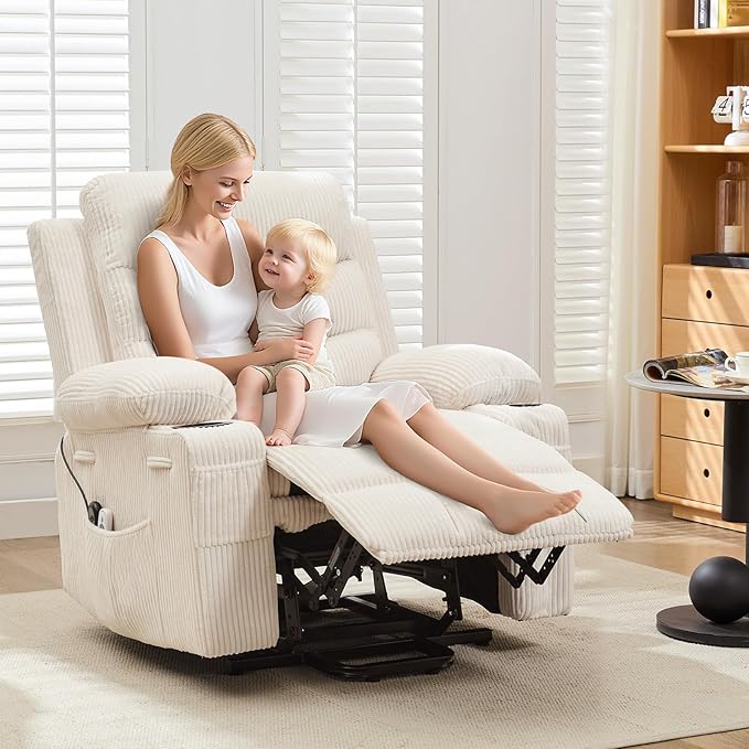 Power Lift Recliner Chair for Elderly with Massage & Heat, Small Spaces Useage Living Room or RV Single Sofa for Adults, 135° Reclining Accent Chairs, 2 Cup Holders and Side Pockets (Beige Corduroy)