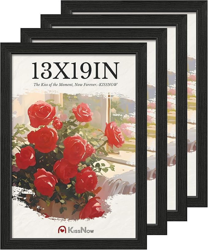 13x19 Picture Frame 4 Pack, Black Solid Wood, Wall Gallery Poster Frame
