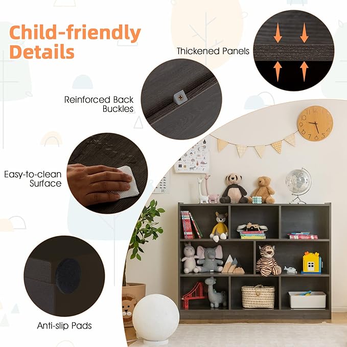 Toy Storage Organizer, 3-Tier Kids Bookshelf, 8 Cube Kids' Bookcases, Cabinets & Shelves, Wooden Toy Organizers, Small Book Shelf for Bedroom, Playroom, Classroom, Nursery (Gray)