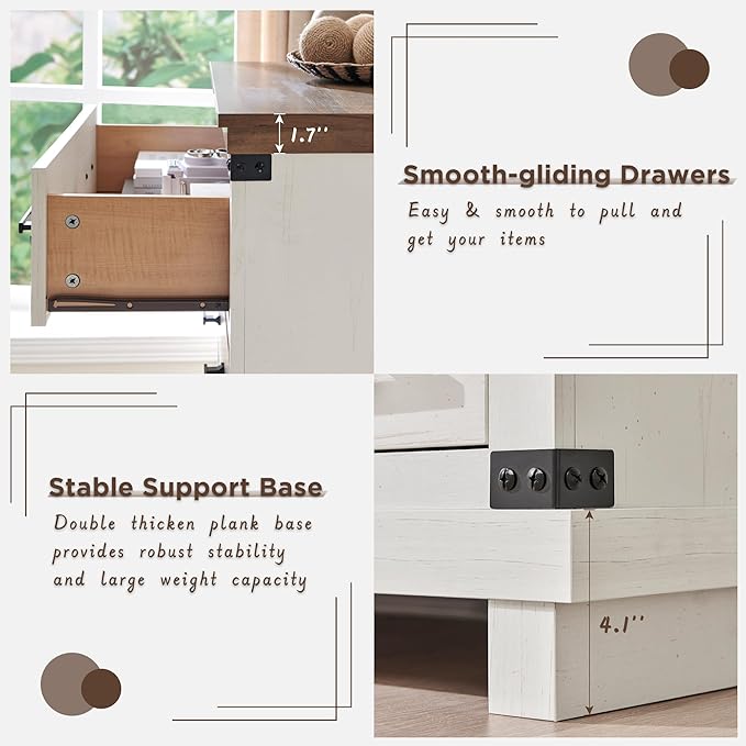 Farmhouse 7 Drawers Dresser for Bedroom, Wood Large Chest of Drawers with Thick Plank Styling, Rustic Closet Dresser for Bedroom, Living Room, Antique White Color