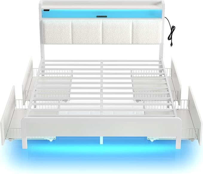Rolanstar Bed Frame Full Size with Charging Station and LED Lights, Upholstered Storage Headboard with Drawers, Heavy Duty Metal Slats, No Box Spring Needed, Noise Free, Easy Assembly, White