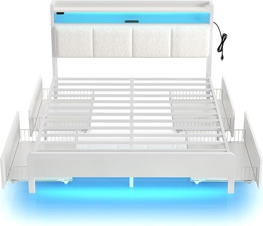 Rolanstar Bed Frame Full Size with Charging Station and LED Lights, Upholstered Storage Headboard with Drawers, Heavy Duty Metal Slats, No Box Spring Needed, Noise Free, Easy Assembly, White