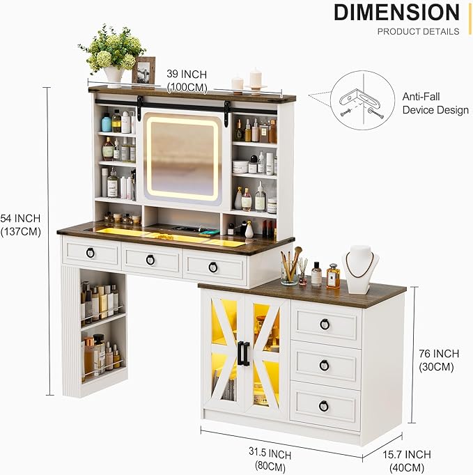 60" W Farmhouse Makeup Vanity Desk with Sliding Mirror and Lights, Charging Glass Top Large Vanity Table with Jewelry Storage,Vanity Set with 6 Drawers,10 Shelves,Side Storage Cabinet,White