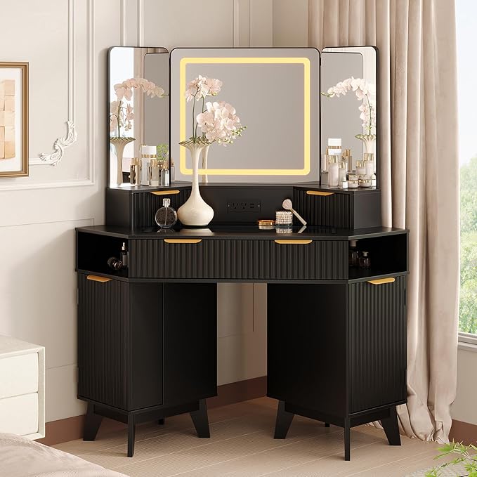 48 Inch Fluted Makeup Vanity Desk with Mirror and Lights, Modern Corner Makeup Vanity with Glass Top, Charging Outlet & 3-Panel Lighted Mirror, Dressing Table for Bedroom