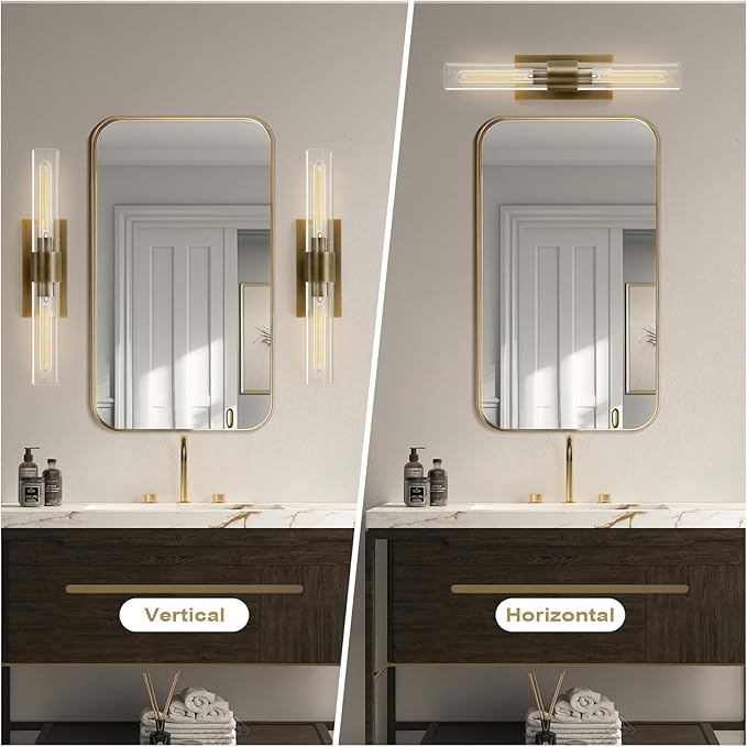 Wall Sconces Set of Two, Brass Wall Lights for Bathroom Vanity, 22.8" Gold Sconces 2-Light, Indoor Brass Wall Sconces for Bathroom Mirror, Vanity, Bedroom, Living Room