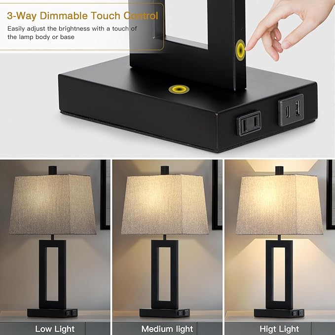 Touch Control Table Lamp Set of 2, Modern Black Bedside Lamps with USB C+A Ports & AC Outlet, 3 Way Dimmable Bedroom Lamps for Night Stands Bedroom Living Room,Nightstand Lamp