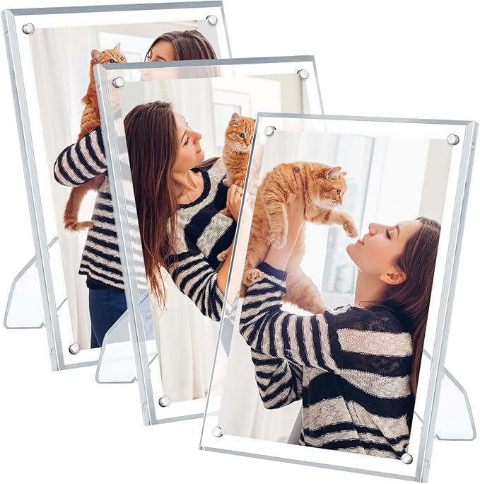 Egofine 5x7 Acrylic Picture Frames Set of 3, Clear Picture Frames with Stand, Magnetic Acrylic Photo Frames for Tabletop Display Horizontally or Vertically