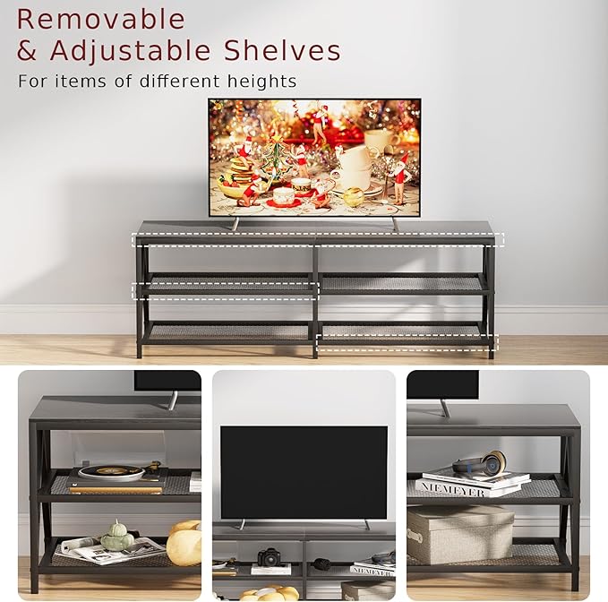 TV Stand for TVs up to 65 Inch, 55" Long Industrial TV Console Table with 3-Tier Storage Shelves, Entertainment Center for Living Room, Bedroom (Black)