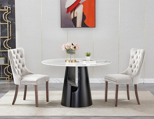 3-Piece Faux Marble Round Dining Table Set for 2, Modern Luxury Kitchen Table Set for 2 with Beige Tufted Chairs,Circle Dining Tables with White Marble Grain Top and Black Pedestal Base