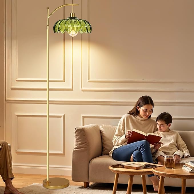 Gold Floor Lamps for Living Room Glass Vintage Floor Lamp with Remote Control,Dimmable Mid Century Modern Standing Lamp with 3 Color Temperature Tall Flower Lamp Brass Floor lamp for Bedroom Corner