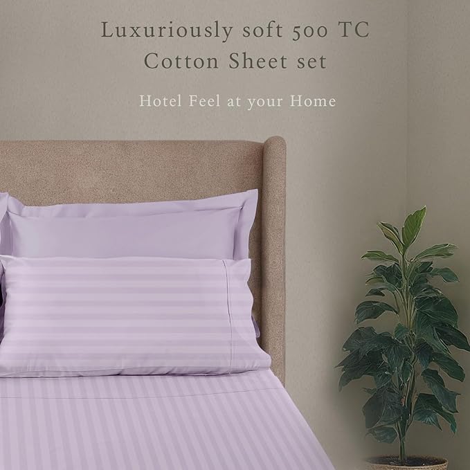 Threadmill 500 Thread Count Twin Size Damask Stripe, 3 Pc Luxury Cotton Sheet Set, Breathable & Silky Soft Lilac Sheets with 15" Elasticized Deep Pocket, 1 Pillowcase & Free Tote Bag