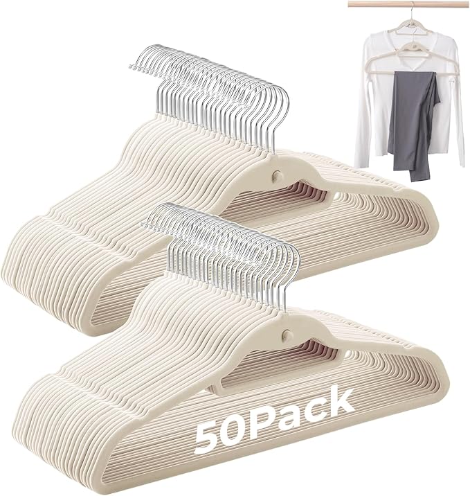 Ivory Velvet Hangers 50 Pack, Felt Covered Non Slip Fabric with Stackable Cascading Hook, Ultra Thin and Space Saving with 360° Swivel Neck, 15Lbs Capacity for Clothes, Suit, Shirt, Coat