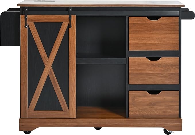 55'' Kitchen Island Cart on Wheels with Drop Leaf Countertop, Mobile Kitchen Island Carts with Power Outlet, Rolling Kitchen Table with Storage, Spice Rack, Towel Rack, and Drawer (Black)