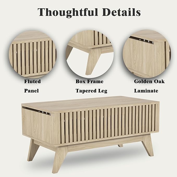 Lift Top Coffee Table with Hidden Compartment, Mid Century Modern Coffee Table for Living Room, Fluted Design Farmhouse Center Table with Storage (Wood, 35.4" W)