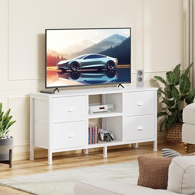 Furologee TV Stand Dresser with 4 Drawers, Entertainment Center with Open Shelf, Small Television Stands for 50" TV, Media Center for Bedroom, Living Room/White