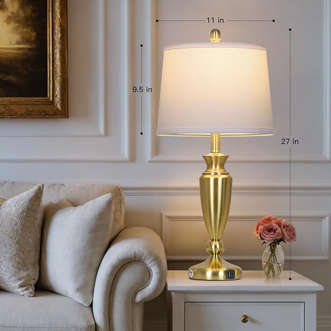 27'' Gold Table Lamps for Living Room, 3 Way Touch Control Bedside Lamps Set of 2 with USB A+C Ports, Modern Metal Nightstand Lamps for Bedroom Living Room Office End Table