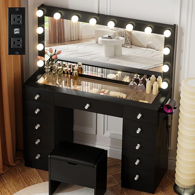 VOWNER Vanity with Lighted Mirror - Makeup Vanity Desk with Glass Top and 11 Drawers, 3 Color Lighting Modes Adjustable Brightness, 46" Vanity Table with Soft Cushioned Stool for Bedroom, Black