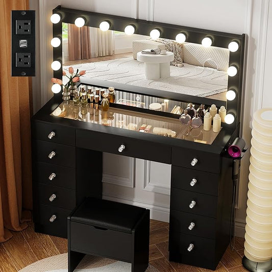 VOWNER Vanity with Lighted Mirror - Makeup Vanity Desk with Glass Top and 11 Drawers, 3 Color Lighting Modes Adjustable Brightness, 46" Vanity Table with Soft Cushioned Stool for Bedroom, Black