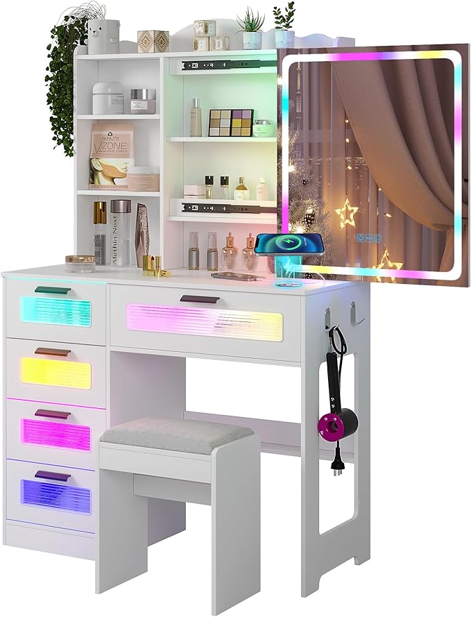 Vanity Desk with Lights and Sliding Mirror, Makeup Vanity Desk with Charging Station, Vanitys Dressing Table with Stool,LED Vanity Set with Large Drawers&Shelves for Bedroom, Decor, White