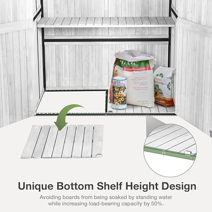 Outdoor Storage Shed with Floor - Waterproof Natural Fir Cabinet with Adjustable Shelves and Double Lock for Anti-Theft - Suitable for Storing Garden Tools and Household Debris (White)