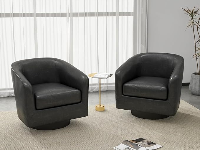 UIXE PU Leather Swivel Accent Chairs, Modern Upholstered Barrel Club Chair for Living Room, Round Armchair Single Sofa Bedroom Side Reading Seat - Charcoal Black, Set of 2