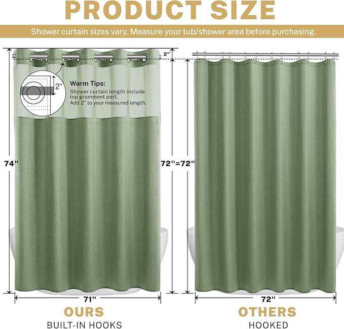 No Hook Shower Curtain with Snap in Liner, Polyester Textured Shower Curtain with Liner Set, Waterproof Washable Hotel Style Shower Curtains for Bathroom, 71Wx74H, Sage Green