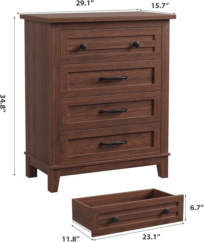 GarveeHome 4 Dresser for Bedroom, 34.8" Tall Vertical Drawer Dresser with Large Storage, Freestanding Wooden Closet Chest for Bedroom, Living Room, Walunt