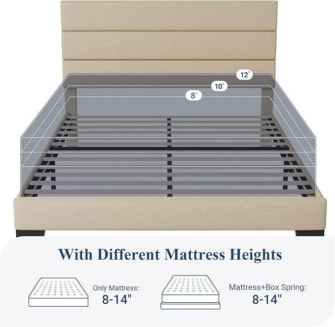 Allewie Full Size Platform Bed Frame with Fabric Upholstered Headboard and Wooden Slats Support, Fully Upholstered Mattress Foundation/No Box Spring Needed/Easy Assembly, Beige