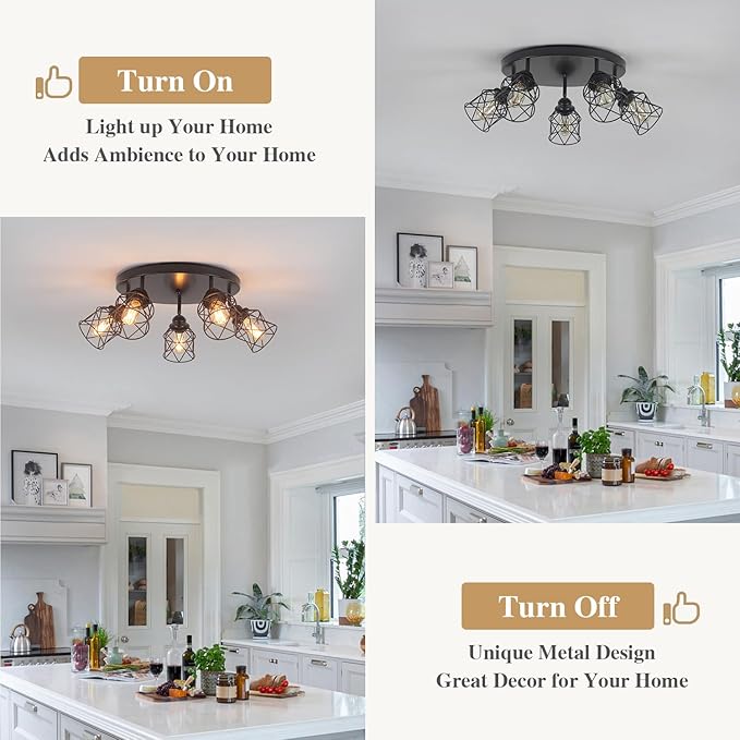 5-Lights Kitchen Light Fixtures Ceiling Mount, Adjustable Multi-Directional Black Flush Mount Ceiling Light, Retro Metal Cage Farmhouse Close to Ceiling Light Fixture for Hallway Dining Room Entryway