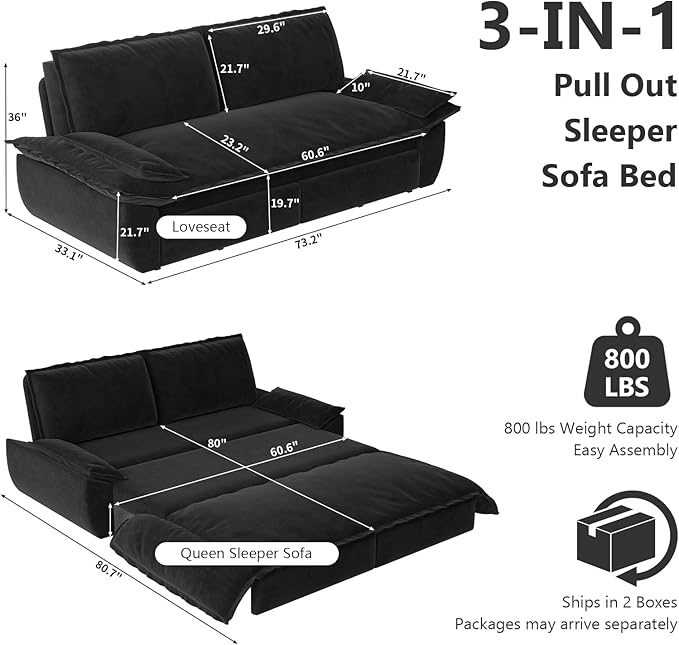 73.2-Inch Queen Size Convertible Sleeper Sofa Bed, 3-in-1 Pull-Out Futon Loveseat, Velvet Futon Couch with 2 Soft Pillows for Living Room, Office, Apartment, RV, Hide-A-Bed Fold Out Sofa&Couches