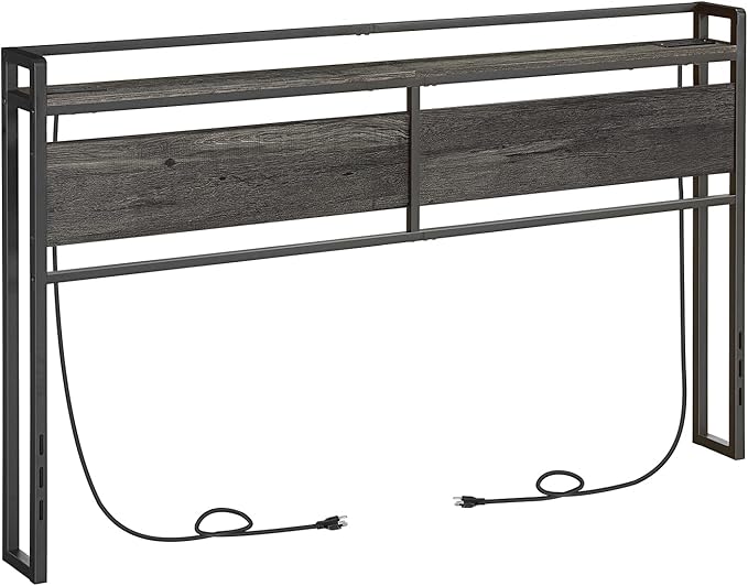 HOOBRO King Size Headboard, Headboard with 2 Outlets and 4 USB Ports, Adjustable Height, Storage Rack, Sturdy and Stable, Easy Assembly, Charcoal Gray and Black