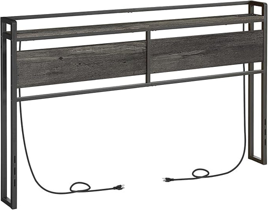 HOOBRO King Size Headboard, Headboard with 2 Outlets and 4 USB Ports, Adjustable Height, Storage Rack, Sturdy and Stable, Easy Assembly, Charcoal Gray and Black