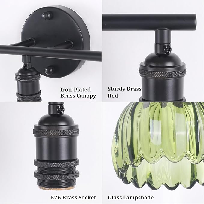 Bathroom Light Fixtures, 3-Light Black Vanity Wall Light Over Mirror with Green Tulip Glass Shade for Bedroom Living Room