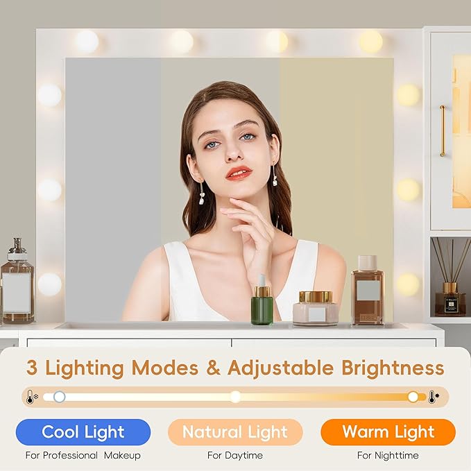 Makeup Vanity Desk with Mirror and Lights, White Vanity Table with LED Lighted Mirror & Power Outlet, Dressing Table with Chair, Large Storage Drawer & Cabinet, and Foldable Panel for Girls’ Bedroom