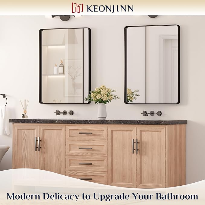 Keonjinn Black Bathroom Mirror for Over Sink, 24 x 32 Inch Matte Black Mirrors for Wall, Rounded Corner Rectangle Farmhouse Vanity Mirror, Tempered Glass Modern Decorative Mirror(Horizontal/Vertical)