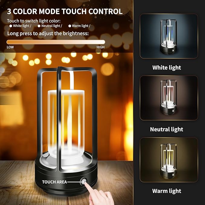Portable Metal Table Lamp, 4000 mAh Outdoor Table Lights Rechargeable, 3 Color Stepless Dimmable Battery Operated Lamp for Patio, Camping, Bar Samll Desk Lamp for Indoor/ Outdoor (Black)