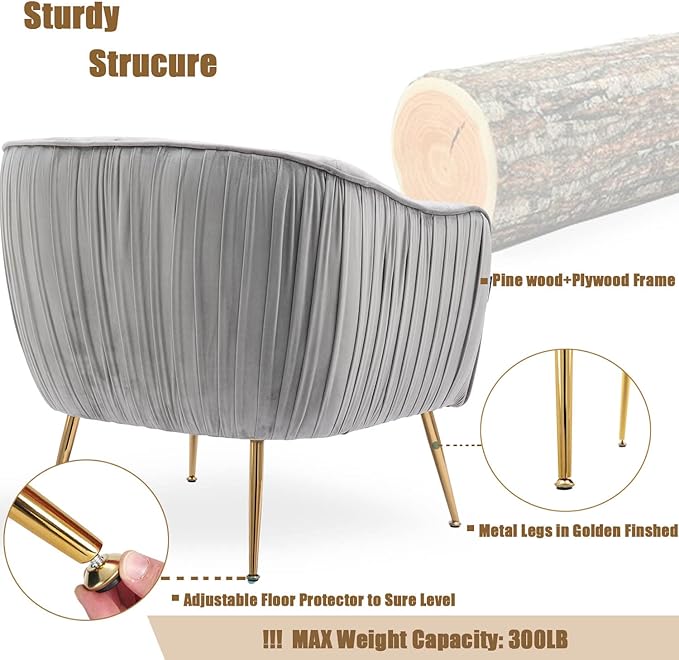 Velvet Accent Chair, Modern Barrel Chair, Living Room Bedroom Arm Chairs, Golden Finished, Grey