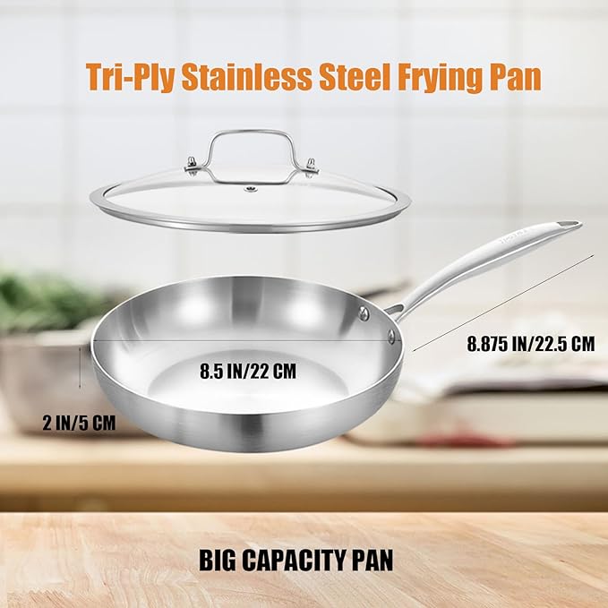 Inqibee 8.5 Inch Tri-Ply Stainless Steel Frying with Lid,Small Skillet,Induction Cooking Pan,Dishwasher and Oven Safe