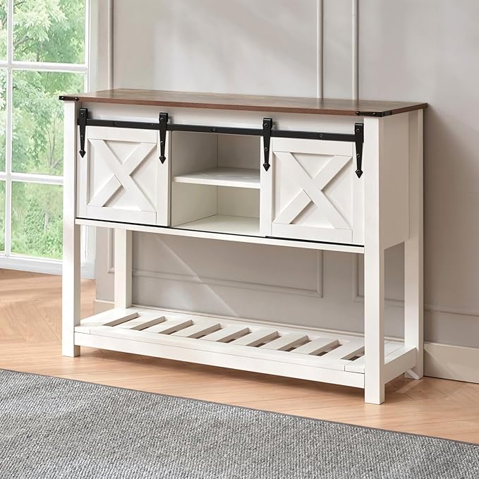White Farmhouse Console Table for Entryway, Sofa Table with Storage Shelf, Hallway Tables with Sliding Barn Doors, Entry Tables for Foyer, Living Room