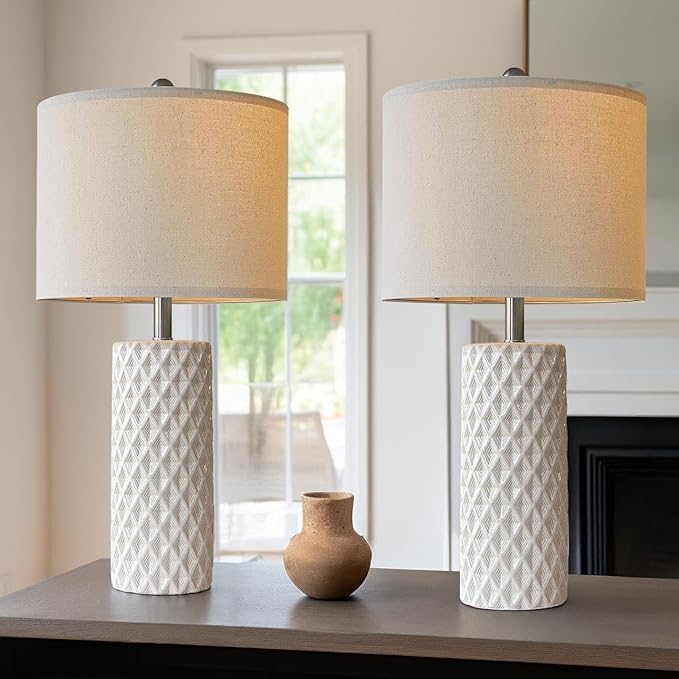 26" Tall Table Lamp for Living Room -Vintage White Lamps Set of 2 Modern Ceramic Lamps for Night Stands, Bedside Lamp for End Tables, Nightstand Lamps for Bedroom